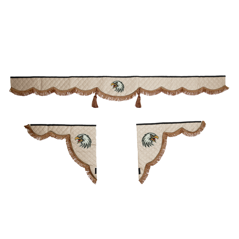 Ламбрекен с косынками универсальные стеганые Орел (экокожа, бежевый, коричневые кисточки)