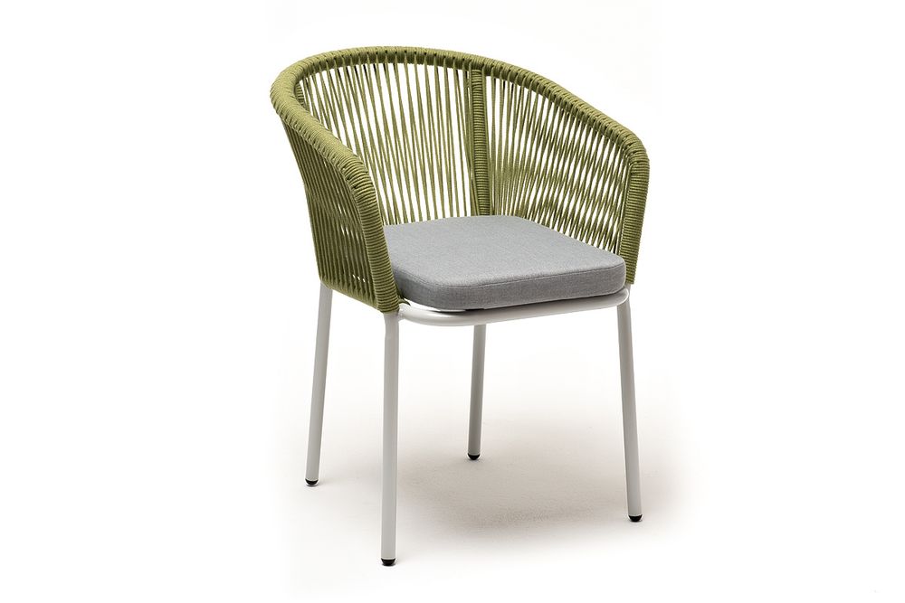 "Марсель" стул плетеный из роупа, каркас алюминий светло-серый (RAL7035) муар, роуп салатовый меланж круглый, ткань светло-серая