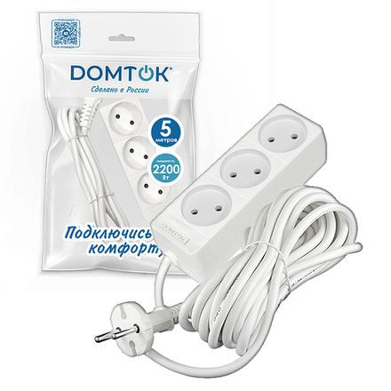 Удлинитель бытовой "DOMTOK" Лидер 3 гн, ПВС 2*0,75,2,2 кВт, б/з 5м (1/35)