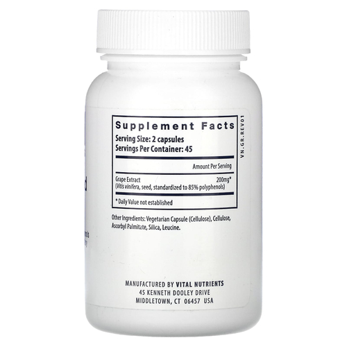Vital Nutrients, экстракт виноградных косточек, 90 веганских капсул (100 мг в 1 капсуле)