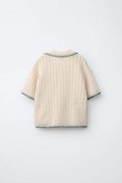 ZARA ТРИКОТАЖНОЕ ПОЛО С ДЕКОРАТИВНОЙ СТРОЧКОЙ, ЭКРЮ/ЗЕЛЕНЫЙ