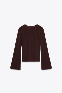 ZARA ФУТБОЛКА С ДЛИННЫМИ РУКАВАМИ И СБОРКАМИ, КОРИЧНЕВЫЙ