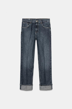ZARA ПРЯМЫЕ ДЖИНСЫ FOLDED СО СРЕДНЕЙ ПОСАДКОЙ, МОРСКОЙ СИНИЙ