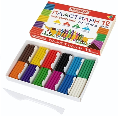 Пластилин классический 12цветов 180 г,со стеком "Веселая такса" (ПИФАГОР)