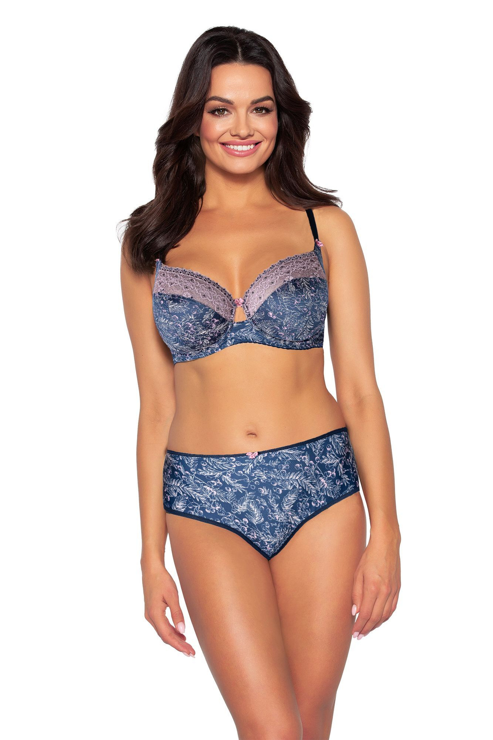 Бюстгальтер с мягкой чашкой из трикотажа с растительным рисунком (Размер: 75F) (Цвет: темно-синий)