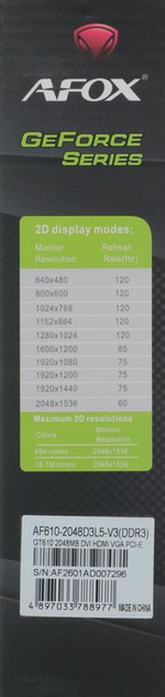 Видеокарта AFOX NVIDIA  GeForce GT 610 AF610-2048D3L5-V3 2ГБ GDDR3, Low Profile,  Ret