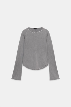 ZARA ТОП ИЗ ТКАНИ С ЭФФЕКТОМ ПОТЕРТОСТИ И ЗАКЛЕПКАМИ, СВЕТЛО-СЕРЫЙ