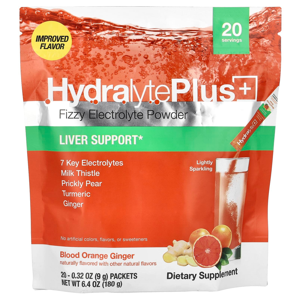 Hydralyte, Hydralyte Plus +, газированный электролитный порошок, красный апельсин и имбирь, 20 пакетиков по 9 г (0,32 унции)