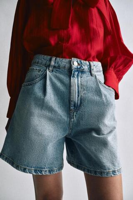 ZARA ДЖИНСОВЫЕ ШОРТЫ С ВЫСОКОЙ ПОСАДКОЙ, ГОЛУБОЙ