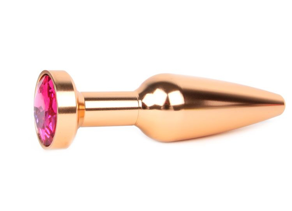 Удлиненная коническая гладкая золотистая анальная втулка с малиновым кристаллом - 11,3 см. (Цвет: малиновый)