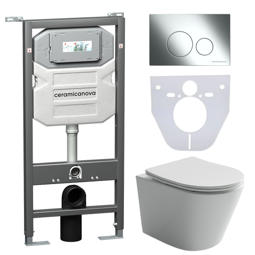 Комплект подвесной безободковый унитаз Ceramica Nova Balearica Rimless CN6000 с микролифтом + система инсталляции Envision CN1001CH с кнопкой смыва Round хром глянцевый и шумоизоляционной панелью