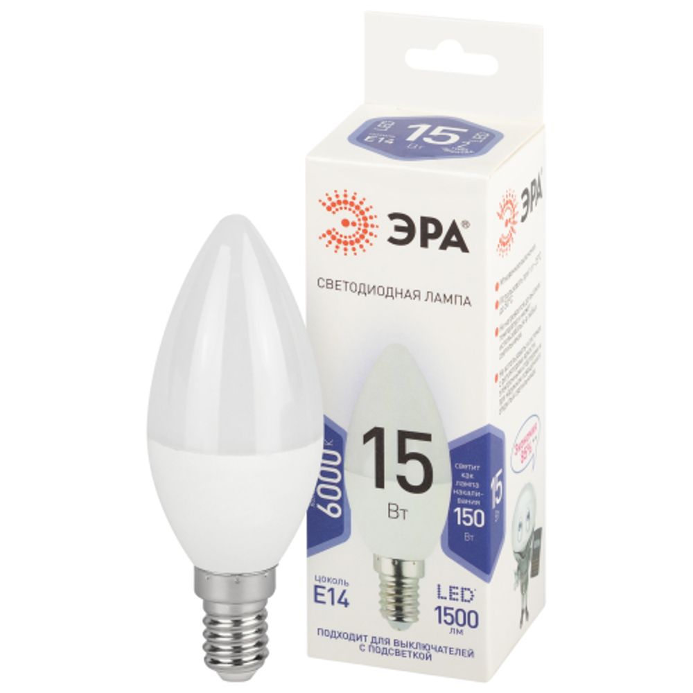 Лампа светодиодная ЭРА STD LED B35-15W-860-E14 15Вт свеча холодный дневной свет Е14 | Лампы cветодиодные Свеча (B/C)