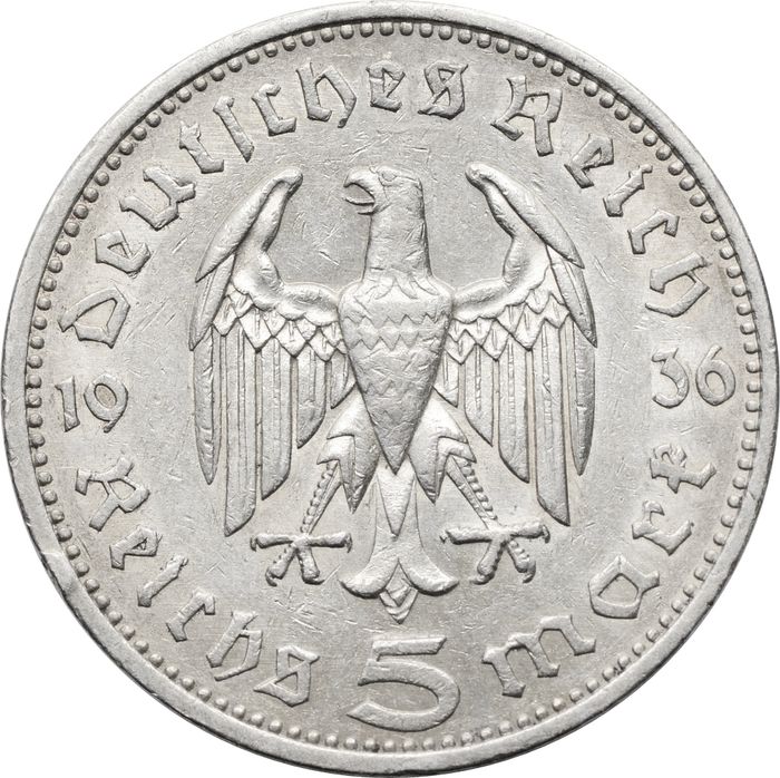 5 рейхсмарок 1936 Германия (Третий Рейх) "A", Орел без свастики (Гинденбург)