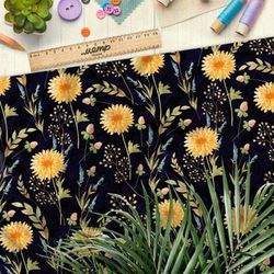 Ткань бифлекс солнечные одуванчики на чёрном фоне