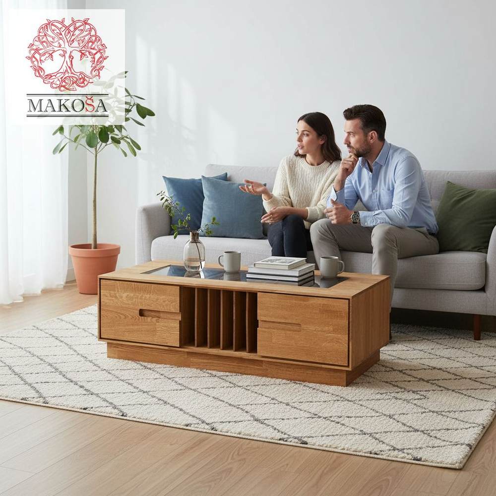 Журнальный столик, 120х60х37, Паво, кофейный стол с местом для хранения и органайзером для газет и журналов, массив дуба, MAKOSA
