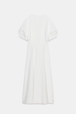 ZARA ПЛАТЬЕ МИДИ С ОБЪЕМНЫМИ РУКАВАМИ, ЖЕЛТОВАТО-БЕЛЫЙ