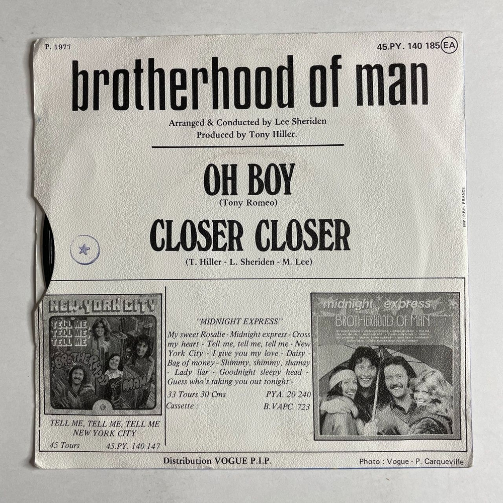 Винтажная виниловая пластинка LP Brotherhood Of Man Oh Boy, Closer Closer (France 1977) 7 дюймов, 45 RPM, Single
