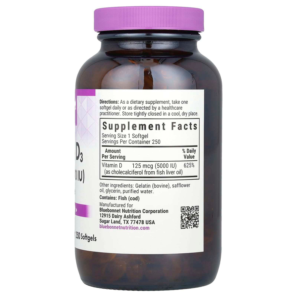 Bluebonnet Nutrition, витамин D3, 125 мкг (5000 МЕ), 250 капсул