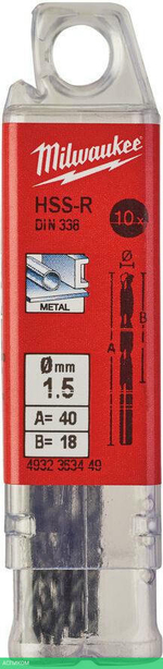 Сверло по металлу Milwaukee HSS-R 1.5мм 10шт (4932363449)