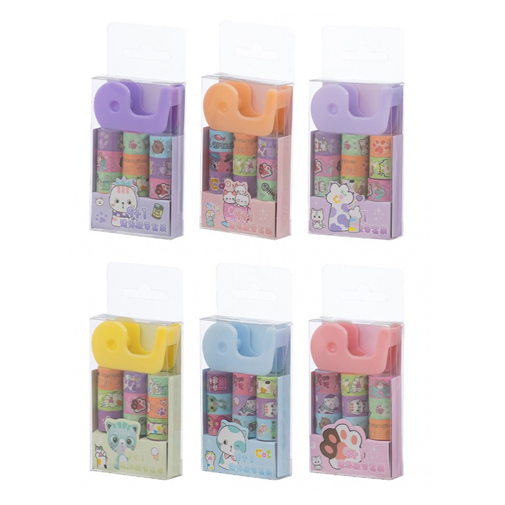 Клейкая лента (скотч) декоративная Basir, цветная, с рисунком кошек и лапок, 9 лент+диспенсер