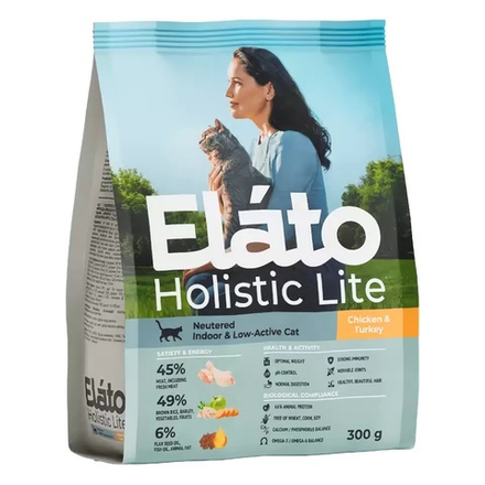 Сухой корм Elato Holistic Lite для кастрированных и стерилизованных кошек с курицей и индейкой - 0,3 кг