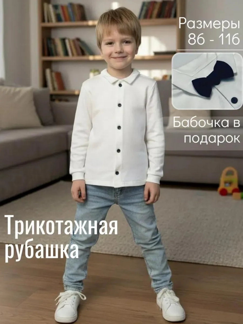Рубашка белая трикотажная праздничная с бабочкой