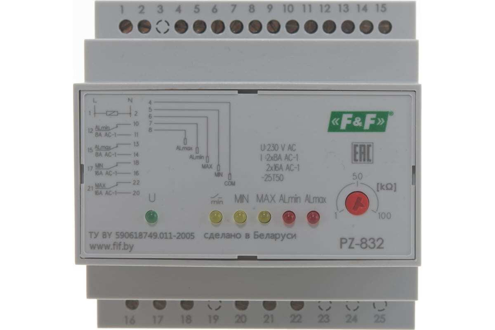 Реле контроля уровня жидкости PZ-832 230В AC 2х8А + 2х16А 2перекл. + 2НО IP20 (четырехуровневый контроль аварийных макс. и мин. уровней)