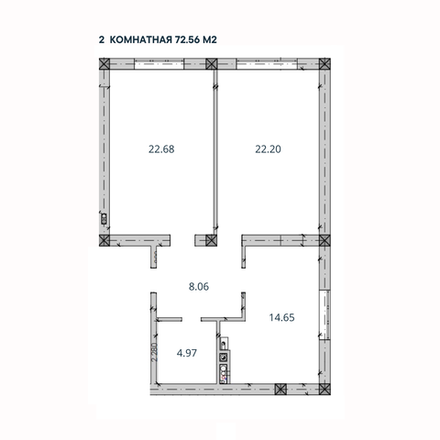 2-комн. квартира, 72,56 м²; 2,3 этажи