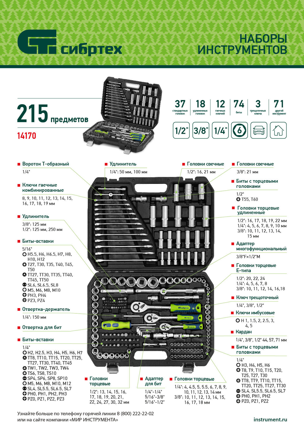 Набор инструментов, 1/2", 3/8", 1/4", пластиковый кейс 215 предм. Сибртех