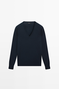 Massimo Dutti Джемпер из шерсти с V-образным вырезом, темно-синий