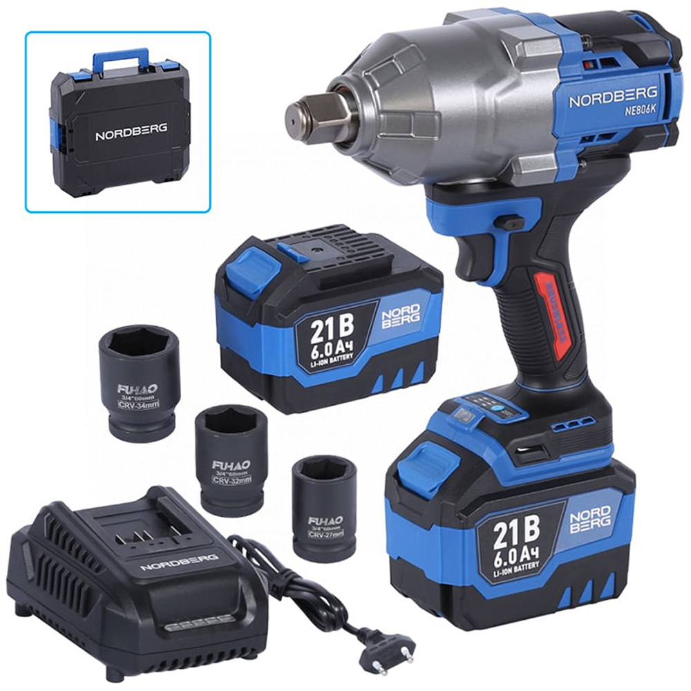 NORDBERG (NE806K-3/4) Гайковерт аккумуляторный, 3/4", 21 В, 1500 Нм, 2 аккумулятора 6 A и зарядное устройство, в кейсе