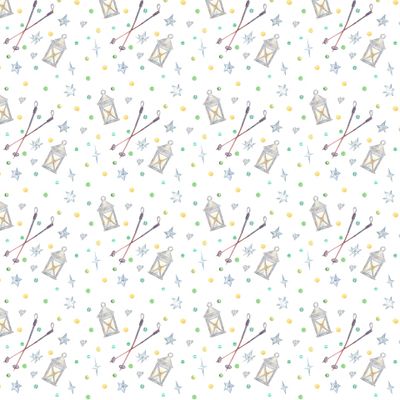 Seamless pattern with festive watercolor illustrations. Бесшовный паттерн с фонариками и палками для лыж или северной ходьбы.