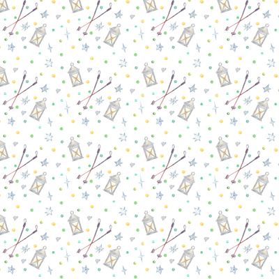 Seamless pattern with festive watercolor illustrations. Бесшовный паттерн с фонариками и палками для лыж или северной ходьбы.