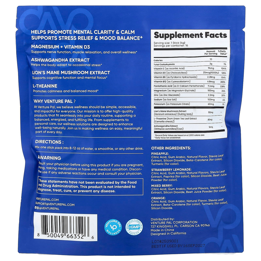 Venture Pal, смесь для приготовления успокаивающего напитка, глицинат магния, ассорти из 16 стик-пакетов по 4 г (0,14 унции)