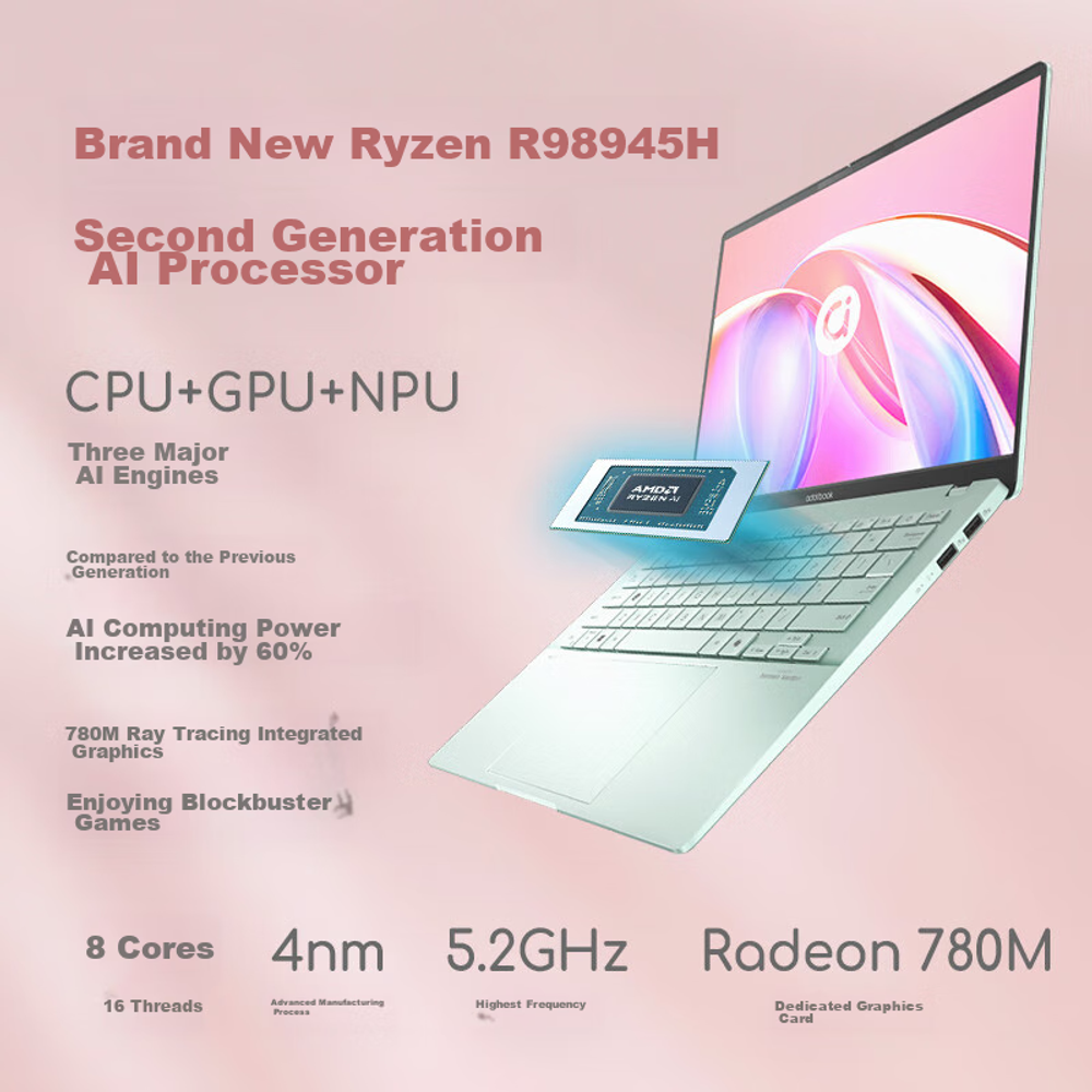 Ультрабук для работы и учебы ASUS A Bean 14 Air High-Performance AI Ultra-Thin (Upgraded R9 8945H, 32GB RAM, 1TB Storage, 2.8K 120Hz OLED), Blue, M5406ADOL Win11+Русская клавиатура