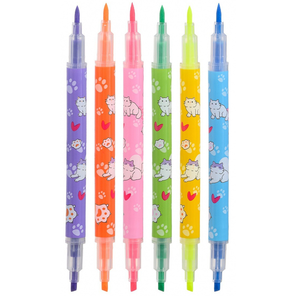 Маркер текстовыделитель, двусторонний, Basir, серия "Лапки", с котиками на корпусе, 6 цветов