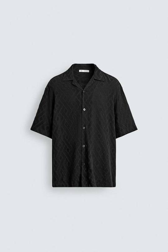 ZARА РУБАШКА JACQUARD С ГЕОМЕТРИЧЕСКИМ УЗОРОМ, ЧЕРНЫЙ