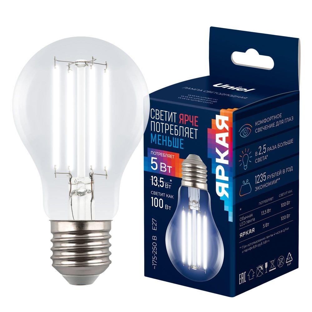 LED-A60-5W-4000K-E27-CL GLY01TR Лампа светодиодная. Форма A. прозрачная. Серия Яркая A++. Белый свет 4000K. Картон. ТМ Uniel