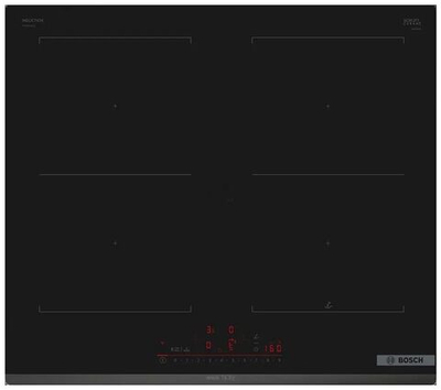 Встраиваемая индукционная панель BOSCH PVQ631HC1E Serie 6, независимая, 4 конфорки, 17 уровней, чёрная