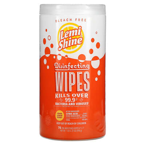Lemi Shine, Дезинфицирующие салфетки, свежий лимон, 75 предварительно увлажненных салфеток