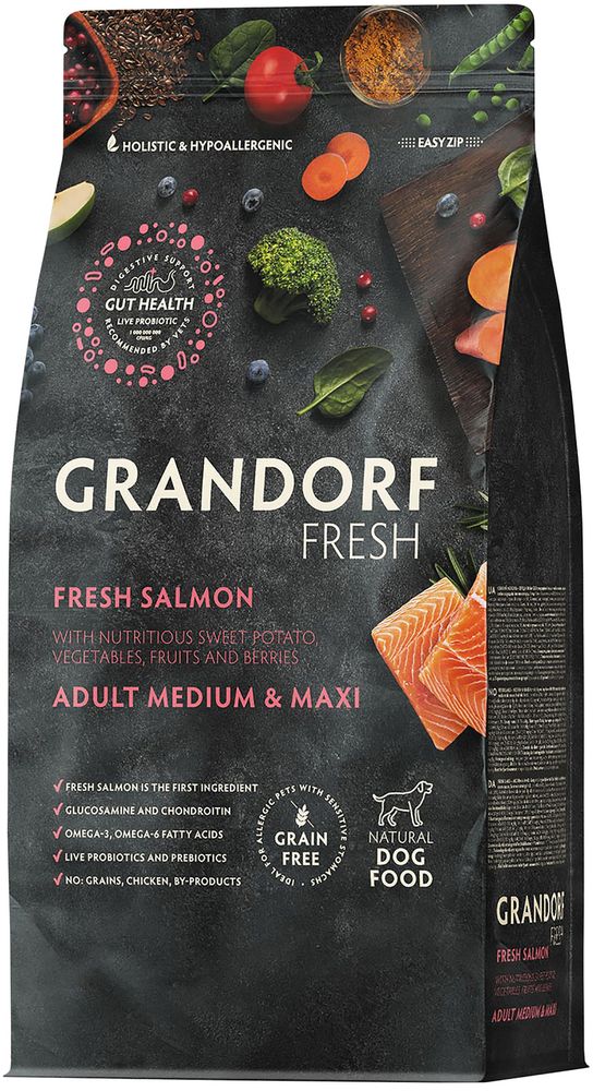 Grandorf Fresh 1кг Holistic Medium&amp;Maxi Salmon&amp;Sweet Potato Сухой корм для собак средних и крупных пород, свежее мясо лосося с бататом