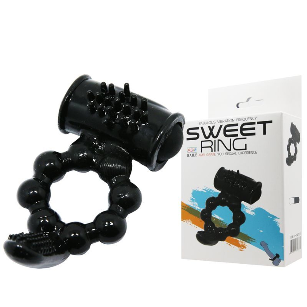 Чёрное эрекционное виброкольцо с щеточкой