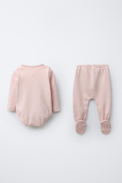 ZARA КОМПЛЕКТ БОДИ И ПОЛЗУНКОВ МЕЛАНЖ, РОЗОВЫЙ МЕЛАНЖ