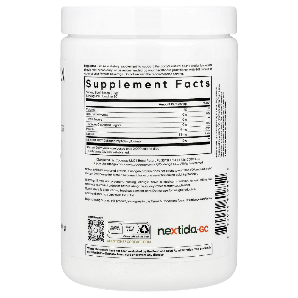 Codeage, Порошок из пептидов коллагена GLP-1, Trim & Glow®, без добавок, 300 г (10,58 унции)