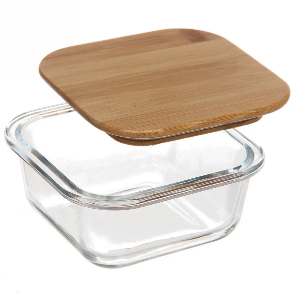 Контейнер стеклянный 300мл «Хай-Тек» квадратный с бамбуковой крышкой