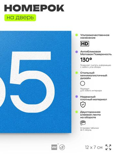 Номер на дверь 965, табличка на дверь для офиса, квартиры, кабинета, аудитории, склада, голубая 120х70 мм, Айдентика Технолоджи