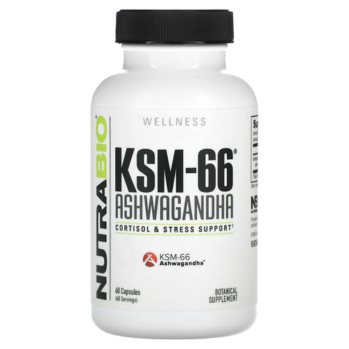 NutraBio, KSM-66®, ашваганда, 60 капсул (600 мг в 1 капсуле)