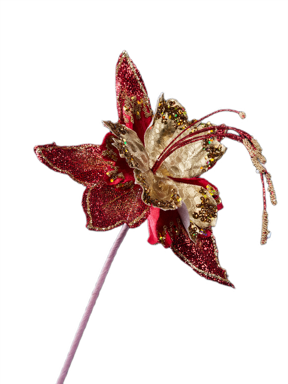 Веточка с цветком 18x61см ChristmasDeLuxe бордовая с античным золотом