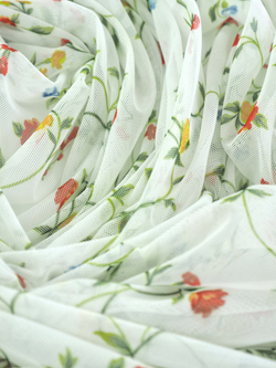 Сетка эластичная белая с зеленым цветочным принтом метражом