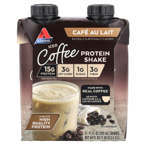 Atkins, Кофейный протеиновый коктейль со льдом, Cafe Au Lait, 4 коктейля, 325 мл (11 жидк. унц.)